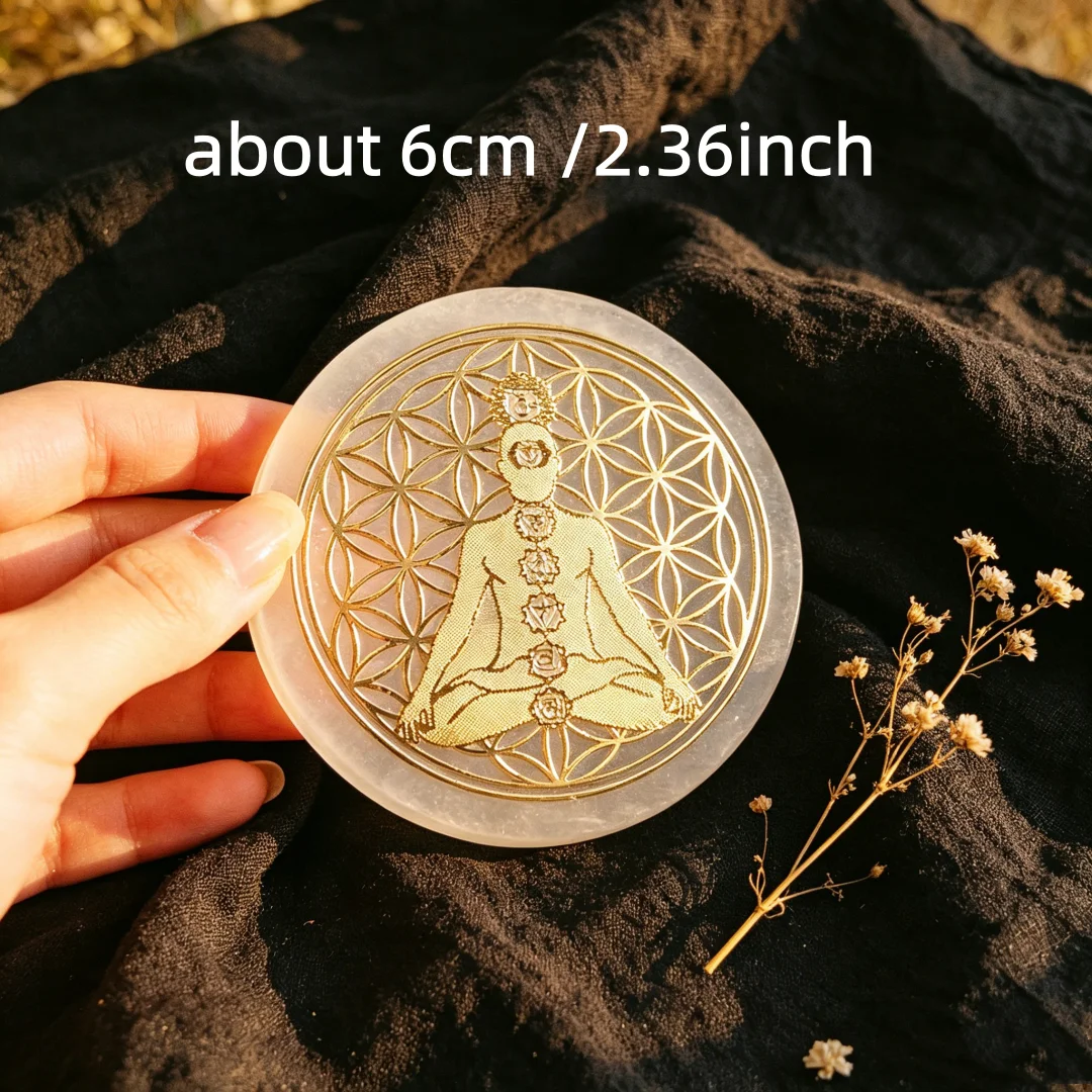 6CM Natural Crystal Selenite Slice Slab White Gypsum 7 Chakras Flower of Life Charging Plate Yoga Meditation Fengshui Healing