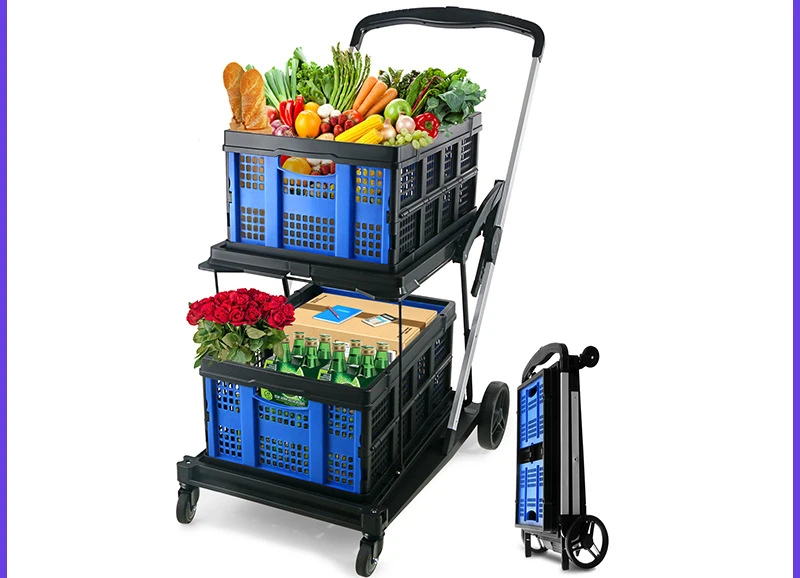 Folding cart directly from the manufacturer, double shopping plastic cart folding trolley fruit cart convenient