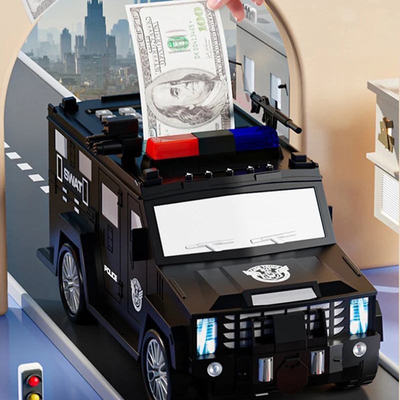 Camión en efectivo de policía, juguete para niños, alcancía, contraseña para niños, huella dactilar, enrollable automático, cajero automático, reconocimiento Facial inteligente, coche de juguete