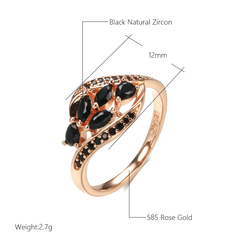 Kinel New Unusual 585 Rose Gold Leaf Ring Inlay Bling Black Natural Zircon Ring for Women Elegant Fine Vintage Wedding Jewelry