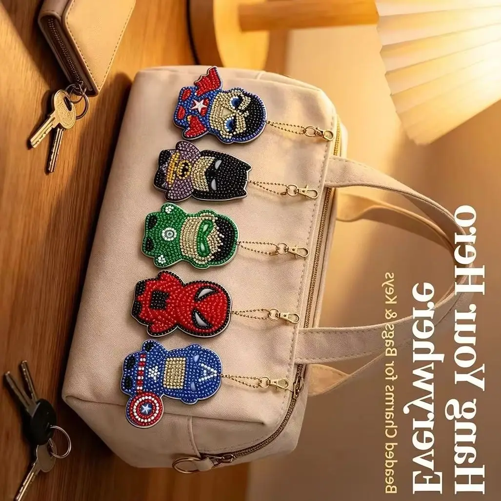 Kids Comic Hero DIY Rhinestone Keychain Full Diamond Pendant Bag Charm Car Key Ring Boys Children's Fashion Accessory