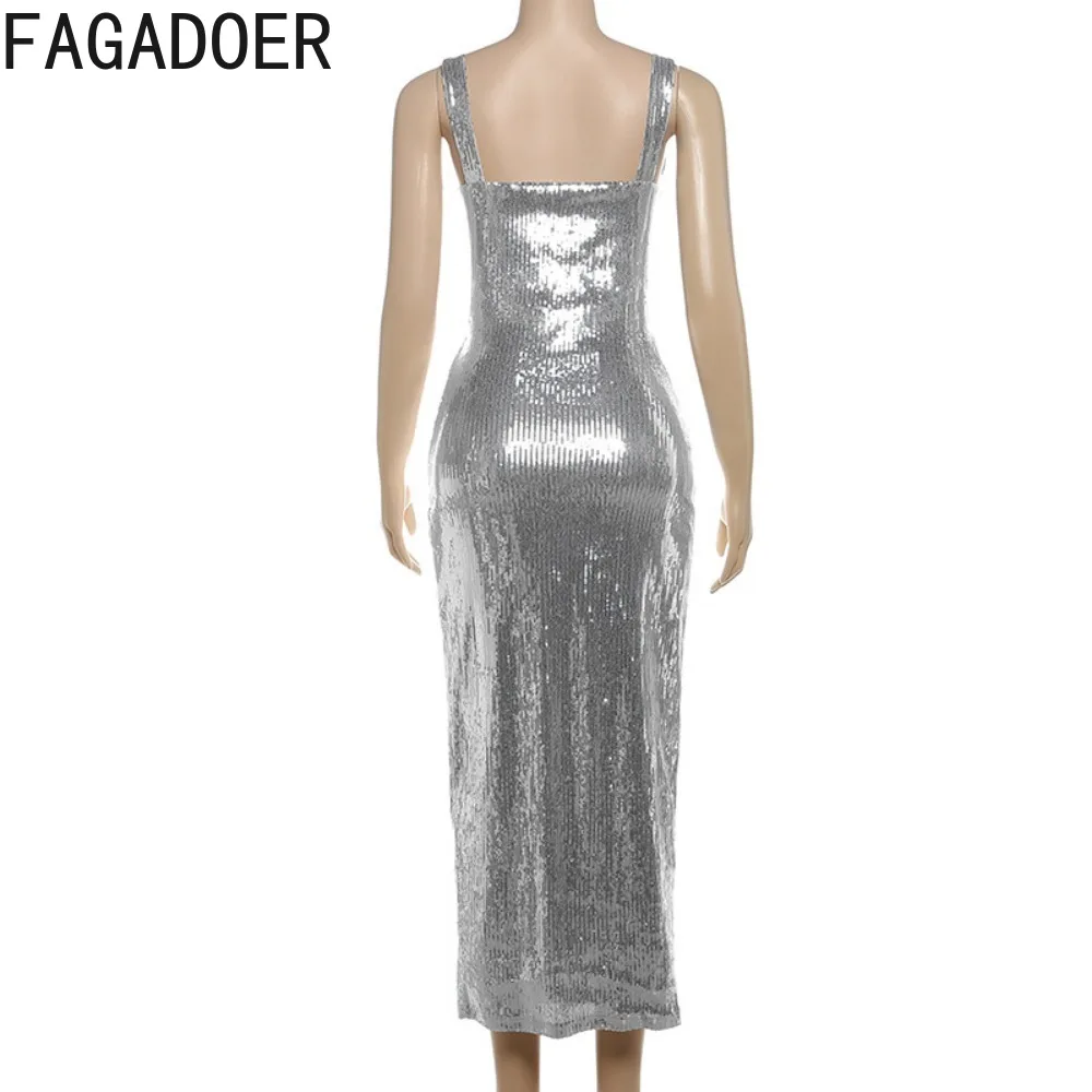 FAGADOER Fashion Sparkling Sequin Bodycon Suspenders Dresses Women Strap Sleeveless Backless Slim Vestidos Sexy Club Clothing