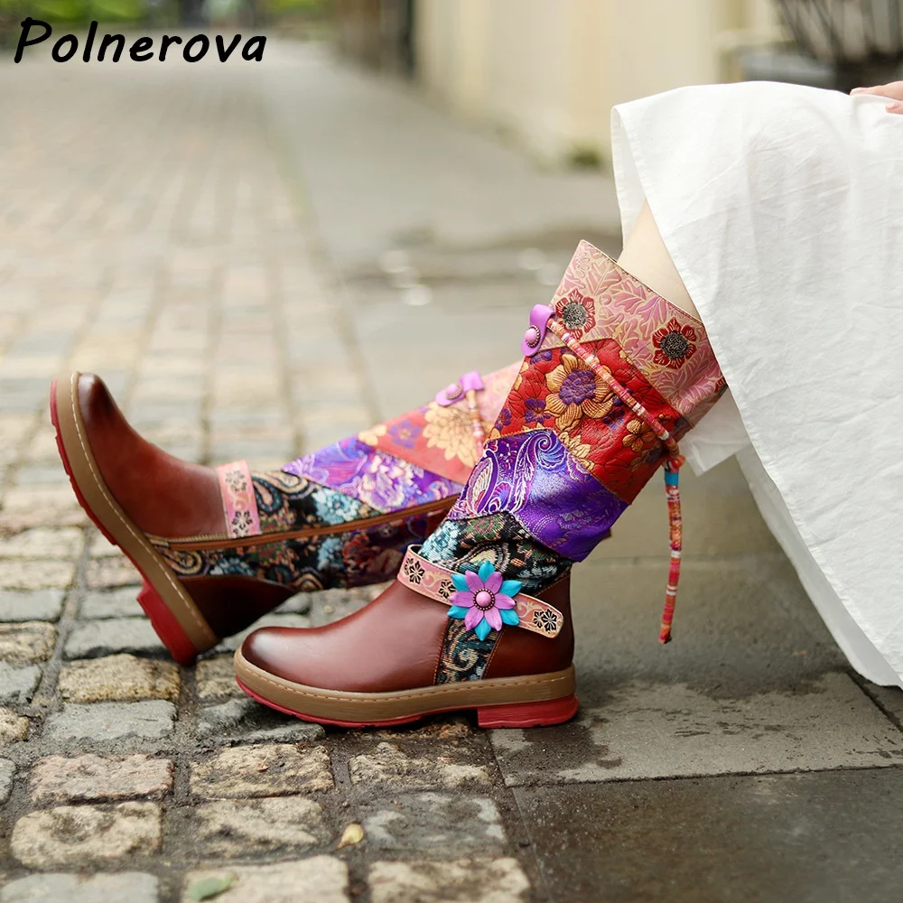 

Embroidery Flower Knee High Boots Round Toe Square Heels Slip On Patchwork Luxury Shoes Winter Warm Sewing Women's Boots