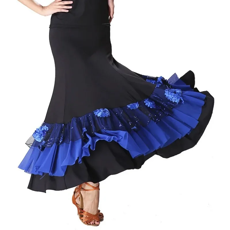 Abito da donna per pratica di sala da ballo di flamenco, fantasia spagnola, danza del ventre, con paillettes, fiori, ricamo, volant, grande ala, gonna da palcoscenico zingara