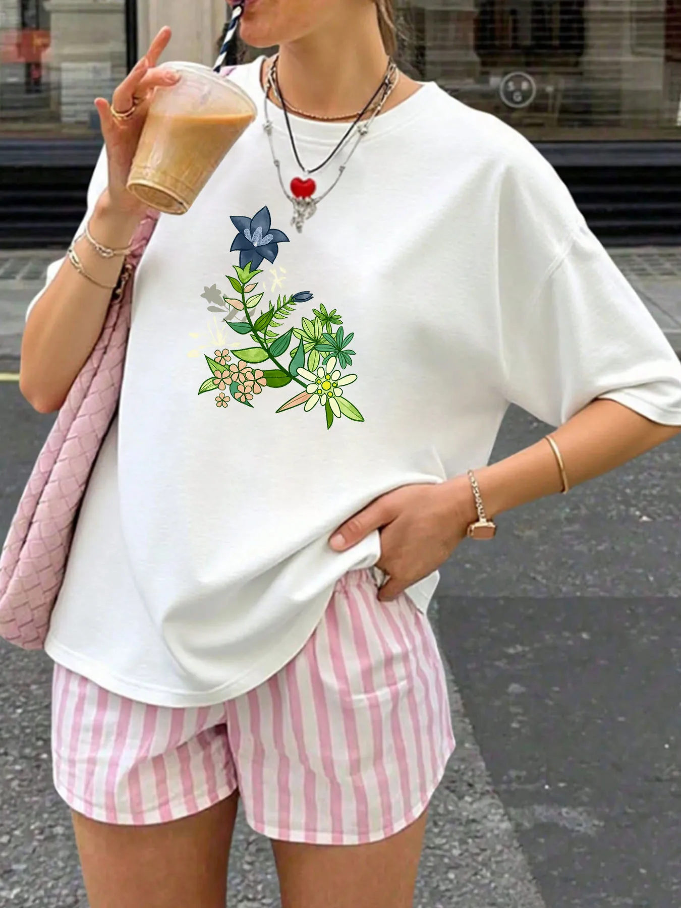 【10115394】 Grote maten dames T-shirt met ronde hals, korte mouwen, elastische halve mouwen en trendy prints