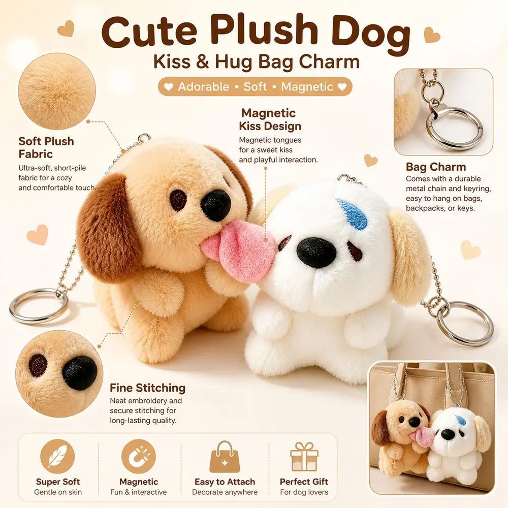 New Dog Magnetic Connection Cute Dog Shape Dog Bag Charms Kissing Interaction Soft Magnetic Dog Key Decoration