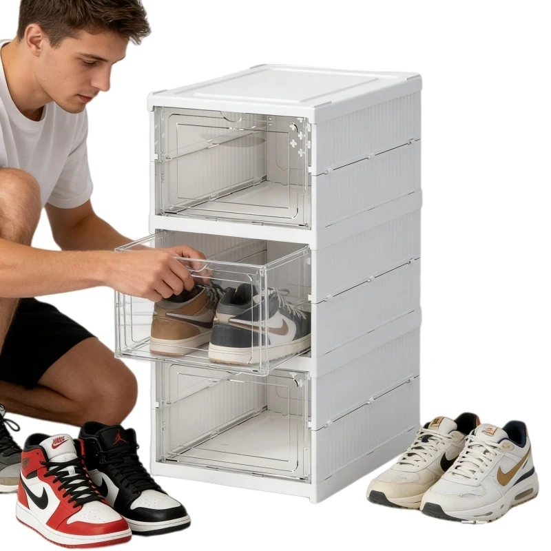 

Трехдверный белый пластиковый складной органайзер для обуви, штабелируемый, отдельно стоящий, устойчивый к давлению, дышащий, с прозрачными стенками