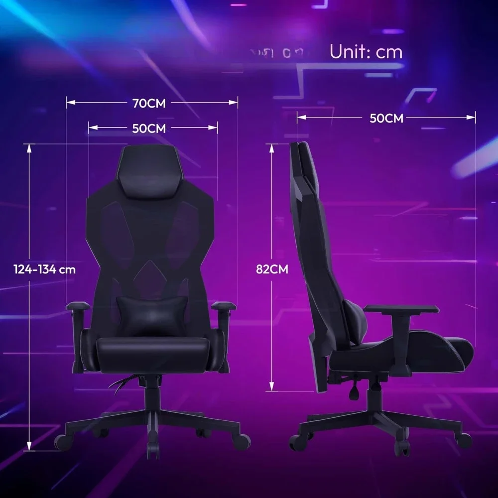 Game chair with LED lights computer chair, lounge chair, adjustable waist support, headrest 4D armrest (black) for free delivery