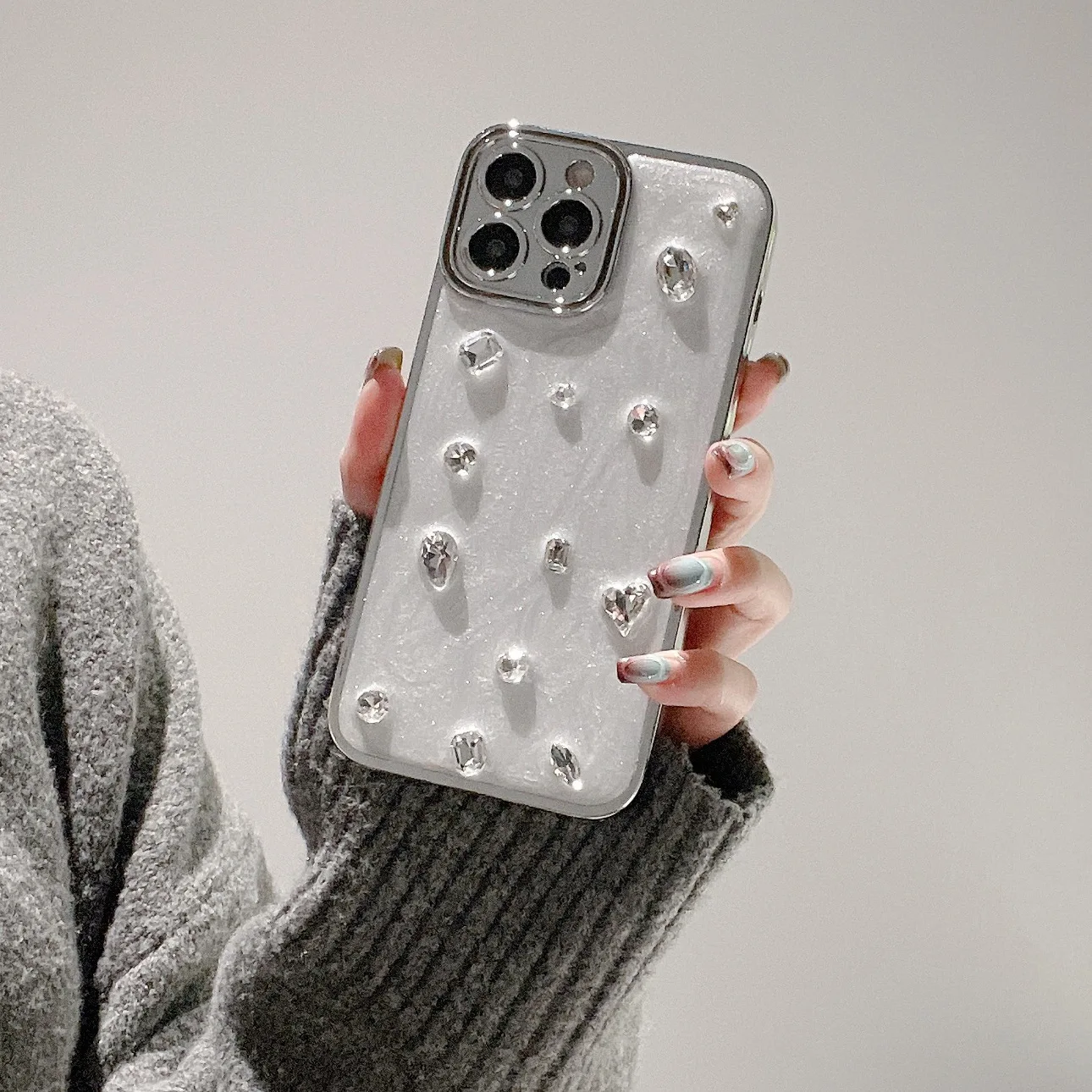 

3D Three-dimensional heartSilver Plated Mirror Case For iPhone 14 15 16 Pro Max 11 12 13 Pro Max Drop Protection Cover