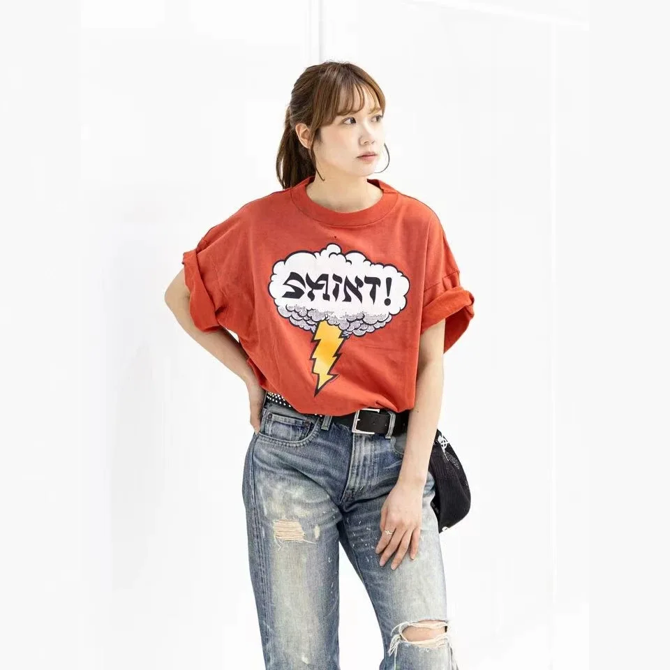 Washed American Retro Lightning Cloud Letter Print round Neck Short Sleeve T-Shirt Loose Fit Combed Cotton Casual Top