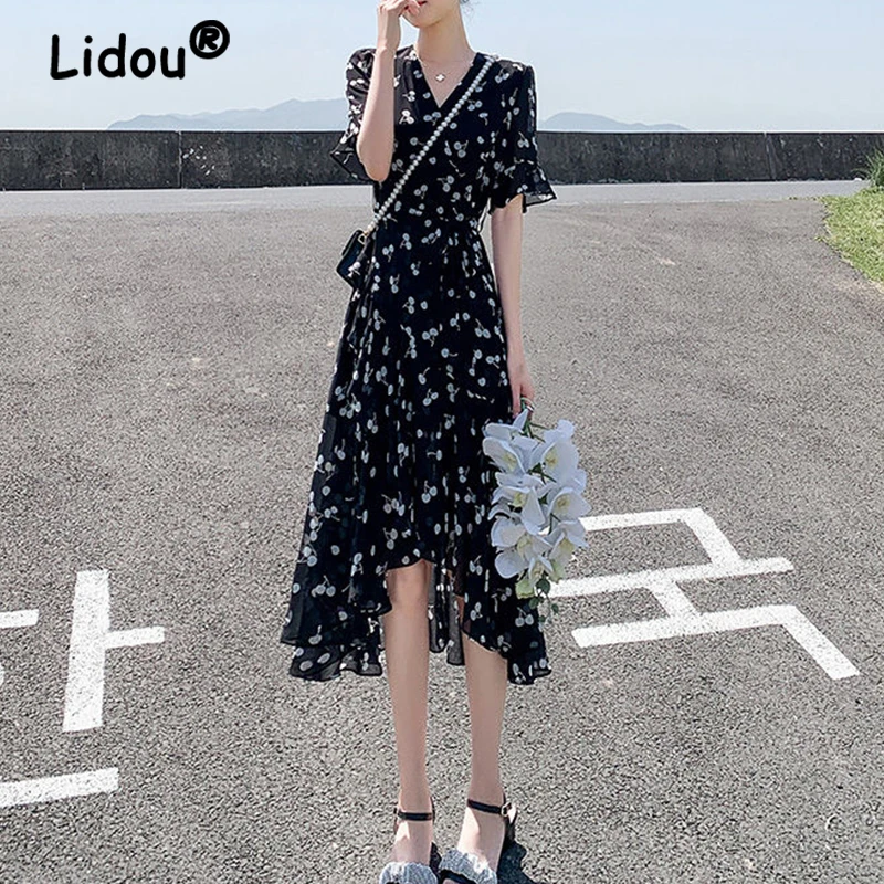 Floral Print Lace Up Ruffle Elegant Chic Dresses for Women Summer Fashion Irregular Sweet Slim V-neck Beach Midi Dress Clothing