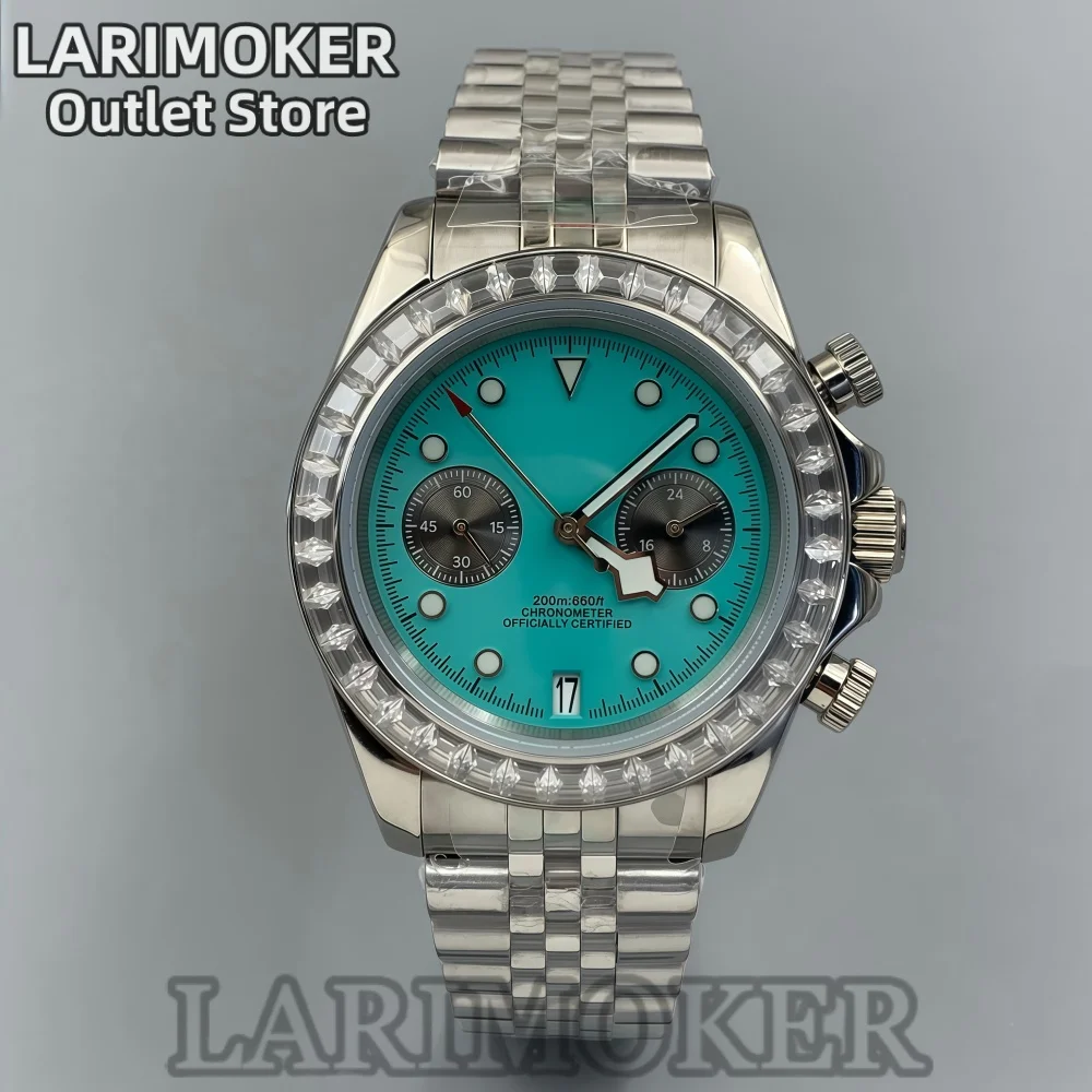 LARIMOKER 39mm VK64 Quartz Chronograph Watch With Sapphire Crystal Diamond Inlay Stainless Steel Oyster Style Strap Men's Watch