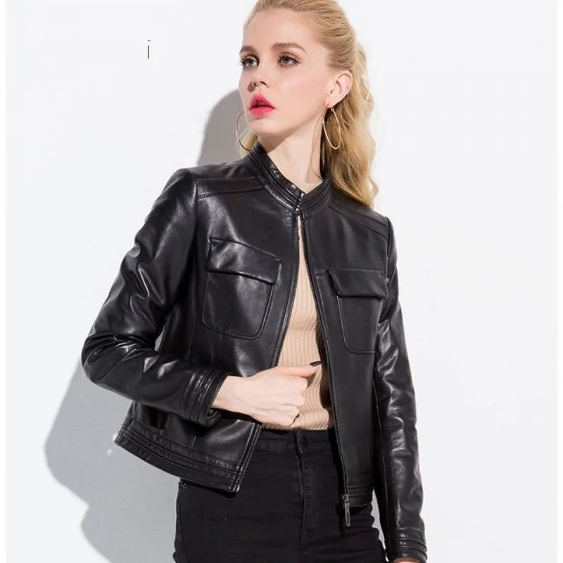 Chaqueta de motocicleta de cuero genuino para mujer, abrigo corto de piel de oveja Real negra, Top ajustado de moda para mujer, primavera y otoño, nuevo