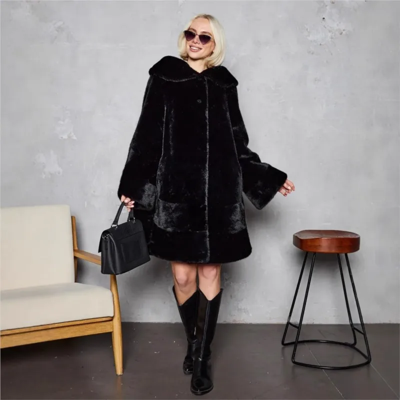 معطف فرو صناعي فضفاض مختلط مع ملابس نسائية طويلة بغطاء للرأس #4
