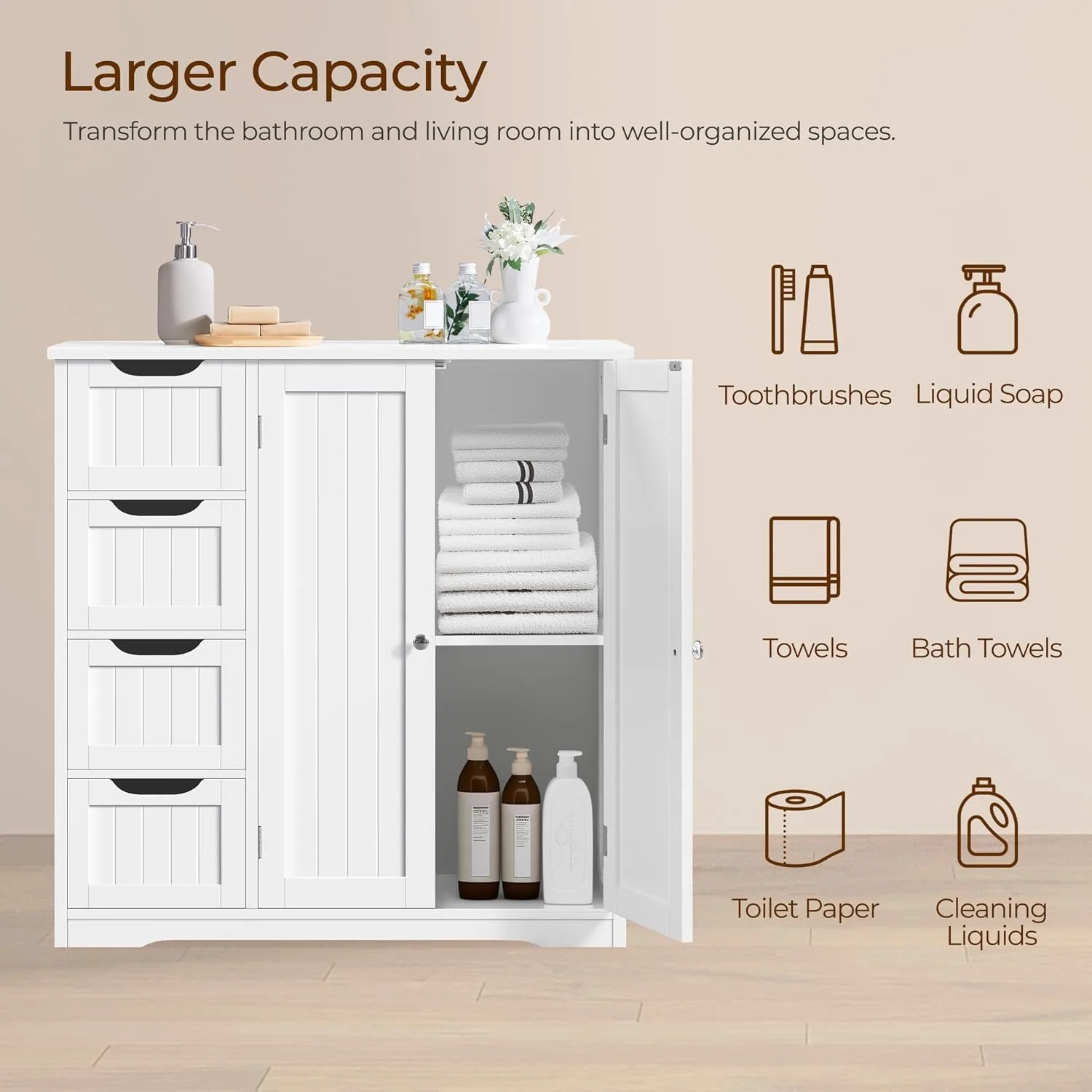 Wooden Bathroom Floor Cabinet, Side Storage Organizer Cabinet with 4 Drawers & Double Doors, Customized view 6