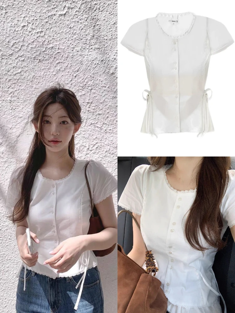 

Sweet ort Sve Белая кружевная отделка irt Женская облегающая рубашка на пуговицах круглая Ne Pure Color Commute Sle Dongda Gate