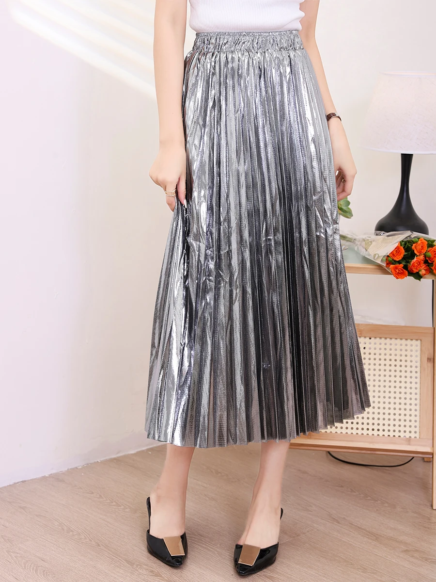 Women's Shiny Metallic Golden Silver Black Midi Skirt Elastic High Waist Elegant Straight Pleated Skirt Spring Summer Fashion