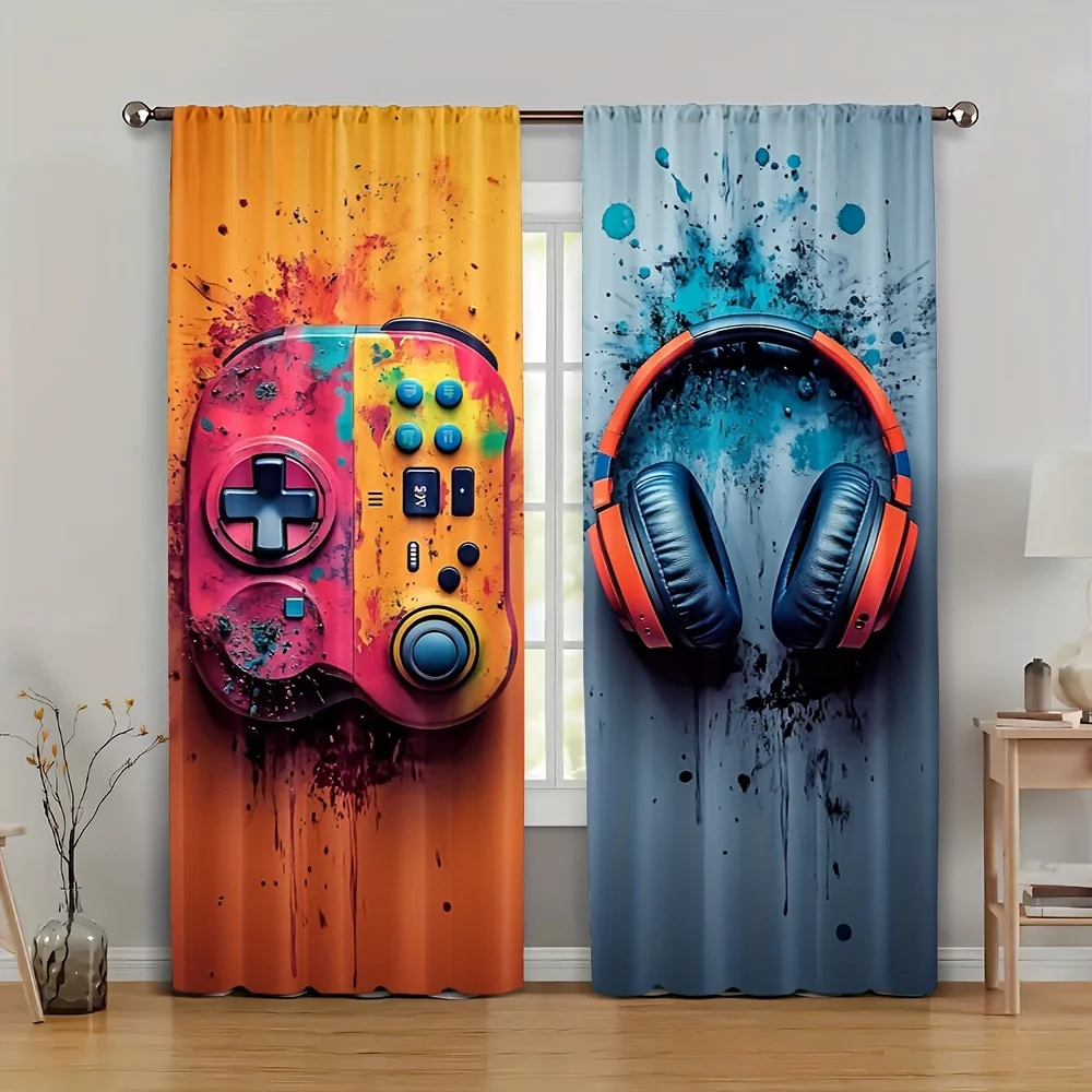 2pcs Game Controller Headphone Print Curtains Graffiti Style Modern Design Colorful Polyester Window Drapes for Gamer Room