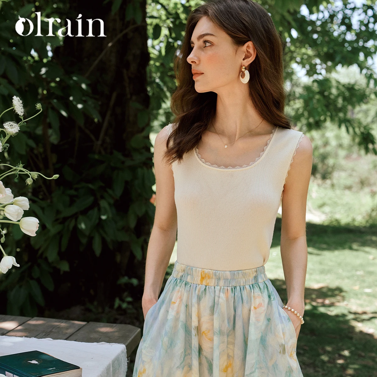 OLrain Women's Apricot Knit Vest Summer French Square Neck Wide Straps Tank Top Lace Detail Elegant Female Clothes O57XD99939