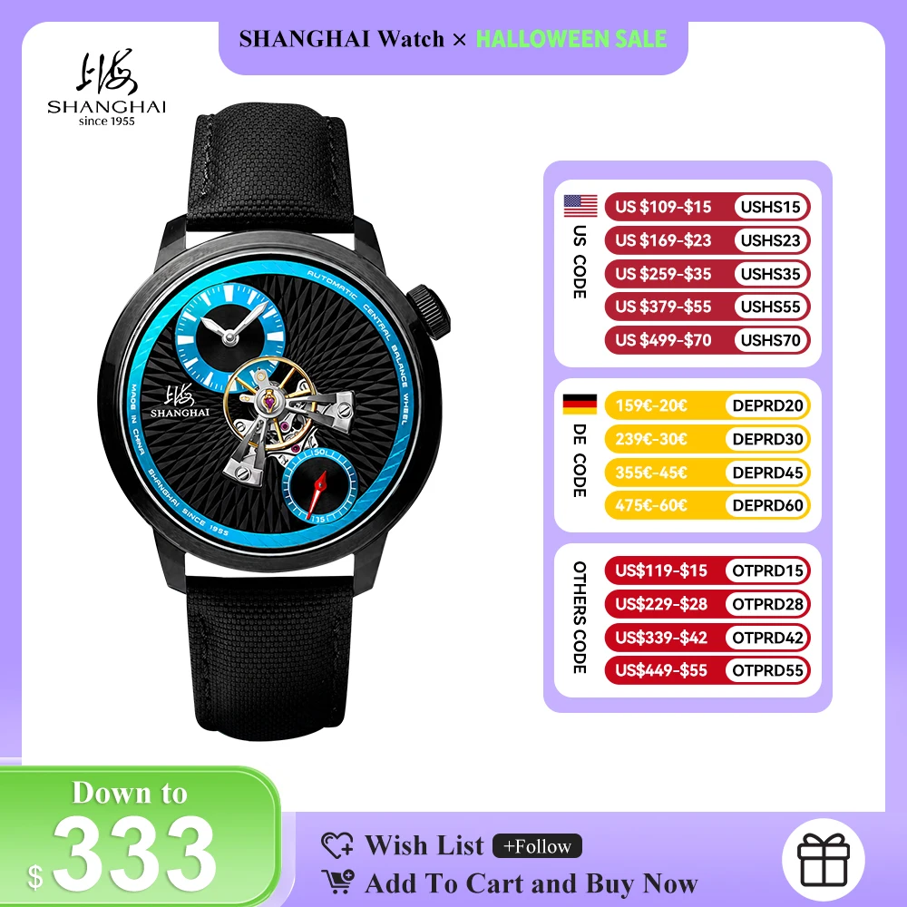 SHANGHAI Watch Sky Dome Men's Automatic Watches 42mm Center Flywheel Mechanical Wristwatch 5 Bar Water Resistant Reloj New S2101