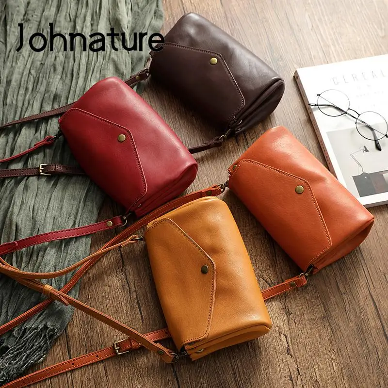 Johnature Genuine Leather Simple Small Crossbody Bags For Women Vintage Versatile Solid Color Natural Soft Cowhide Shoulder Bag