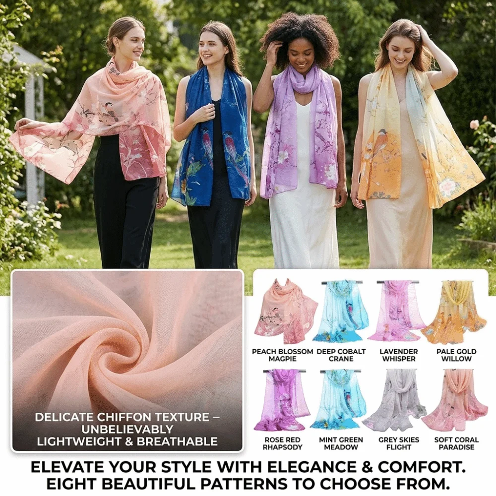 

Floral Print Chiffon Scarf Shawl 150*50cm Lightweight Sunscreen Silk Scarf Turban Breathable Elegant Long Scarf