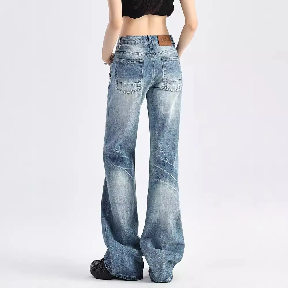 

American Style Low Waist Jeans For Women Spring Autumn New Loose Straight High Street Flared Denim Floor Length Pants