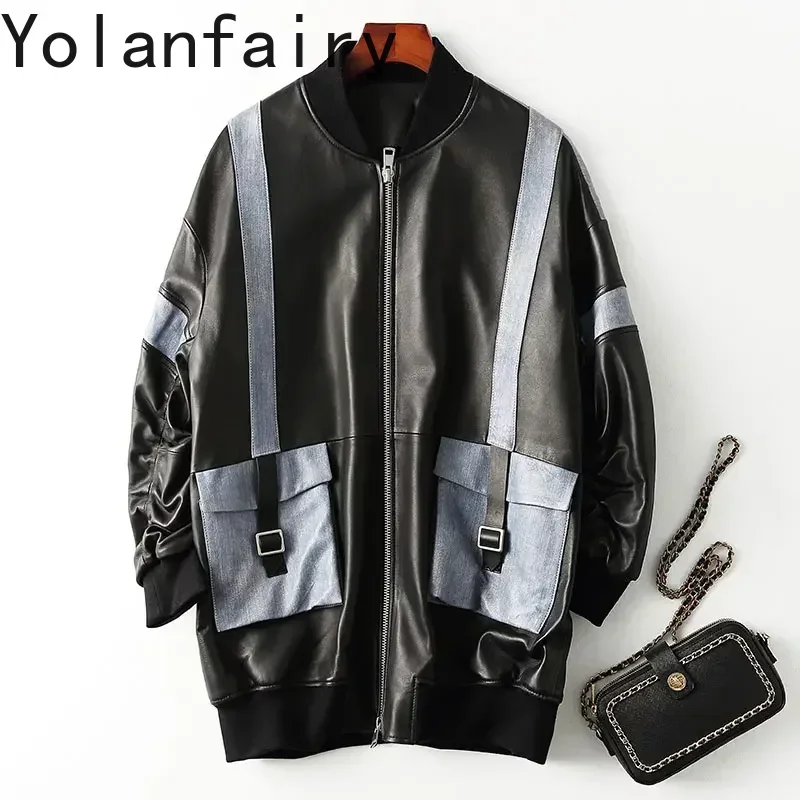 Musim Semi Musim Gugur 100% Alami Asli Jaket Kulit Panjang Wanita Vintage Streetwear Kulit Domba Mantel Wanita Kulit Asli Jaket Mantel