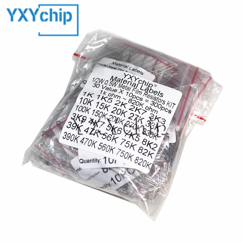 

300pcs Resistor Kit 1/2W 1% 30values X 10pcs Metal Film Resistance 0.1~750 ohm 1K-820K ohm 0.5W Assorted Set