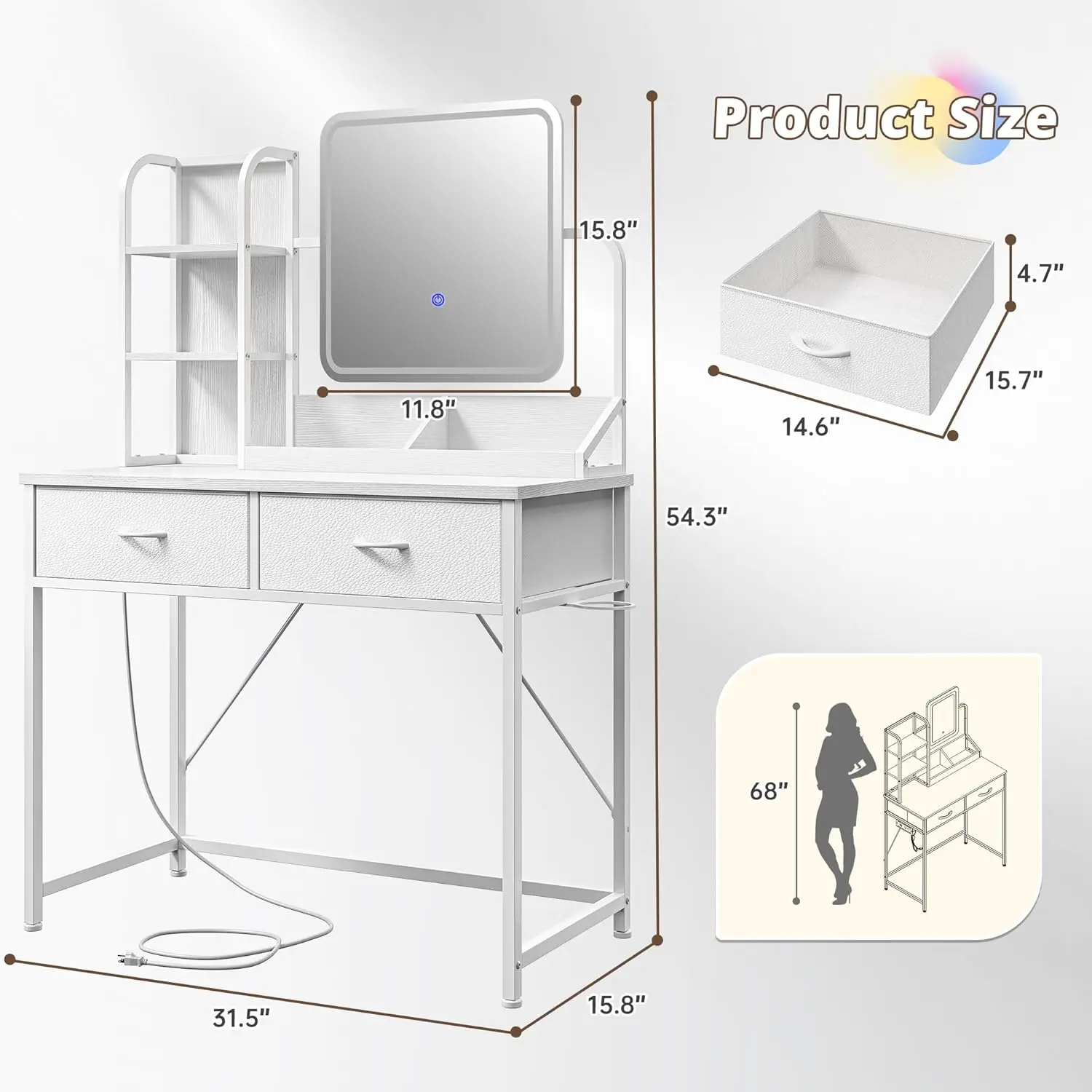 White Vanity Desk with Mirror and Lights, Small Makeup Vanity Desk with Fabric Drawers & Power Outlet,