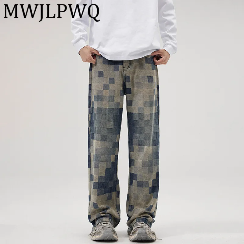 

MWJLPWQ мужские джинсы в шахматном стиле в американском уличном стиле осенний прилив унисекс уличная одежда свободного покроя универсальные повседневные длинные брюки 12431