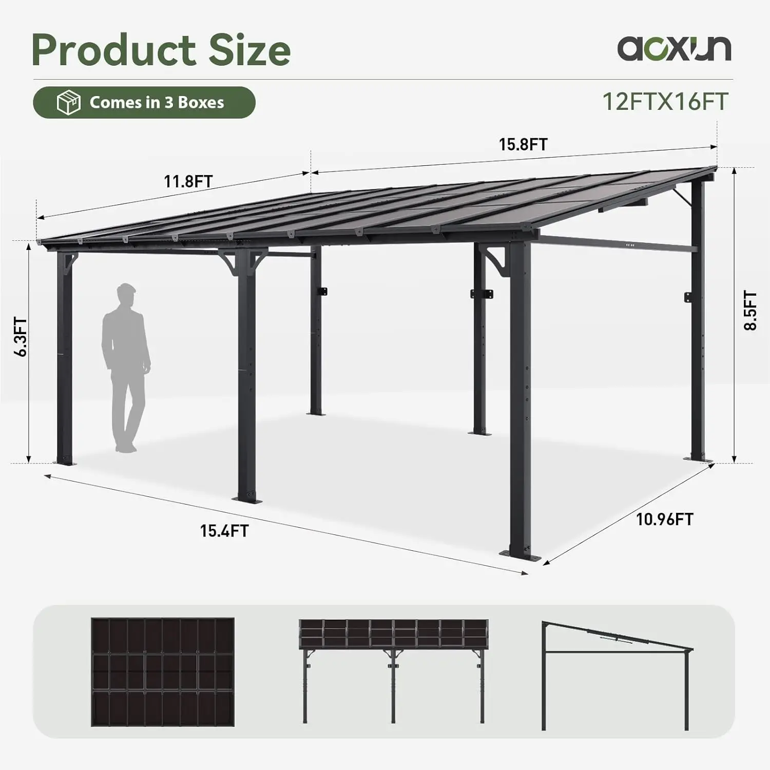 Aoxun 12' x 16' Gazebo for Patio, Wall-Mounted Lean to Gazebo Pergola with Roof, Hard Top Heavy Duty Awnings for Backyard, Decks