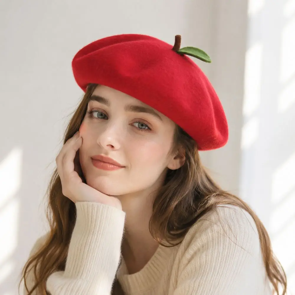 Creative Red Apple Beret Cap Orange Shaped Soft Painter Hat Handmade Breathable Knit Beret Casual Wear