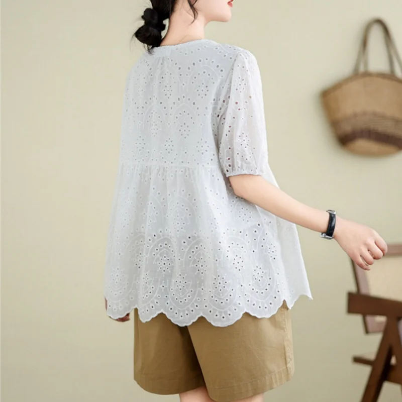 NewSummer White Short Sleeve Lace Blouse for Women Embroidery Hollow Out Shirt Puff Sleeve Tops Round Collar Clothes