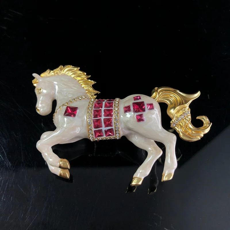 Vintage‑Style Enamel Horse Brooch, Gold Plated Red Square CZ Running Horse Pin, Women Suit Coat Costume Jewelry