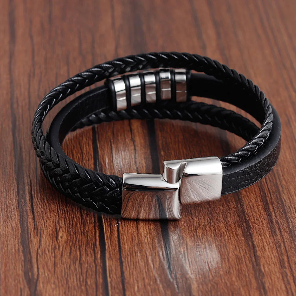 Retro Real Stainless Steel Jewelry 2024 Genuine Leather Bracelets Woven Accessories Wholesale