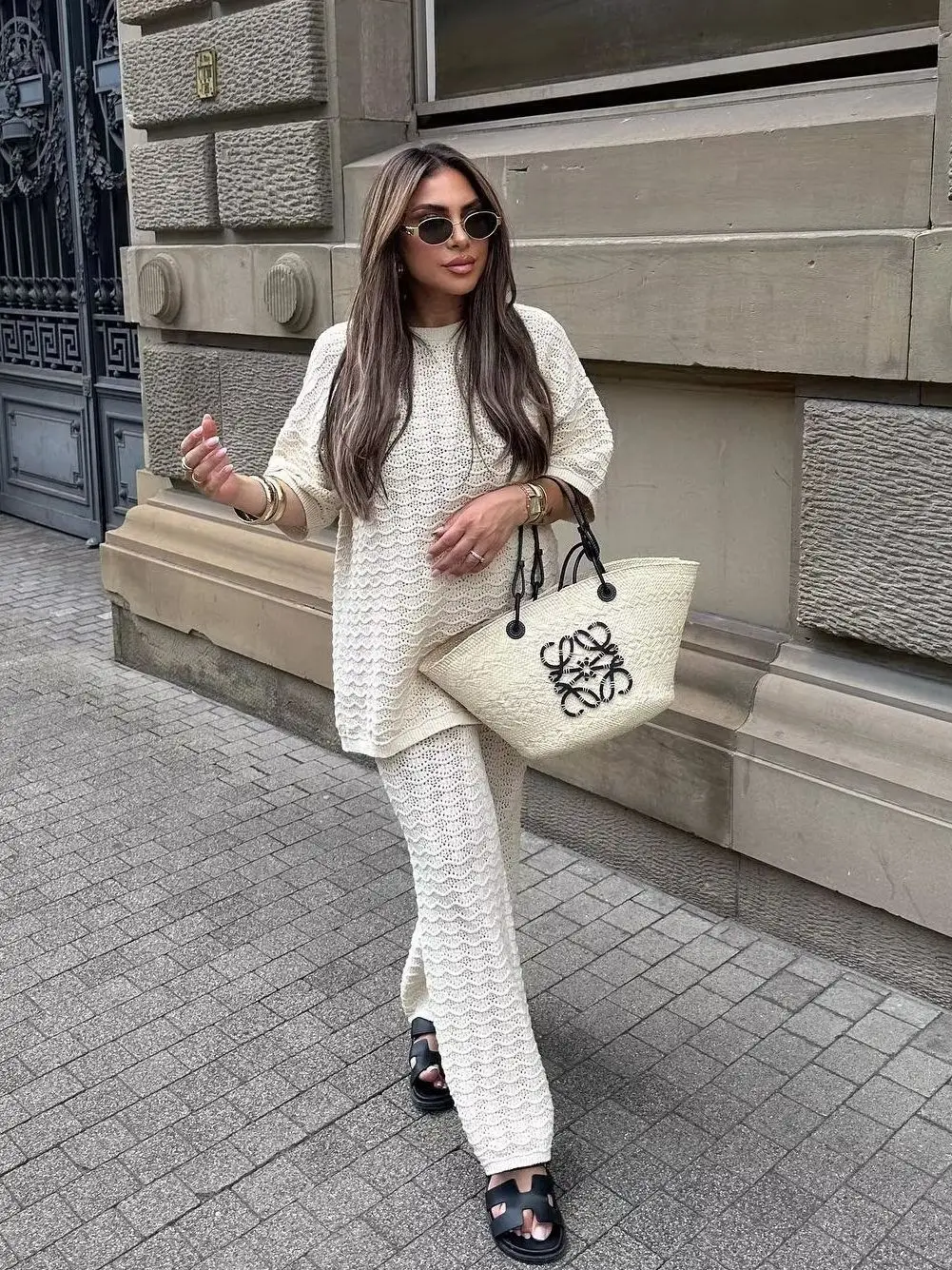 Women's Pajamas Sweater 2 Pieces Set Autumn Knit Cutwork Sweater Short Sleeve Mesh Striped Pullovers Tops Pants Elegant Sweaters