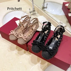 Bowknot Rivet Cross Strap Mary Janes Rhinestone Women's Shoes Round Toe Ballet Flats Sandals 2024 Spring New Shallow Single Shoe