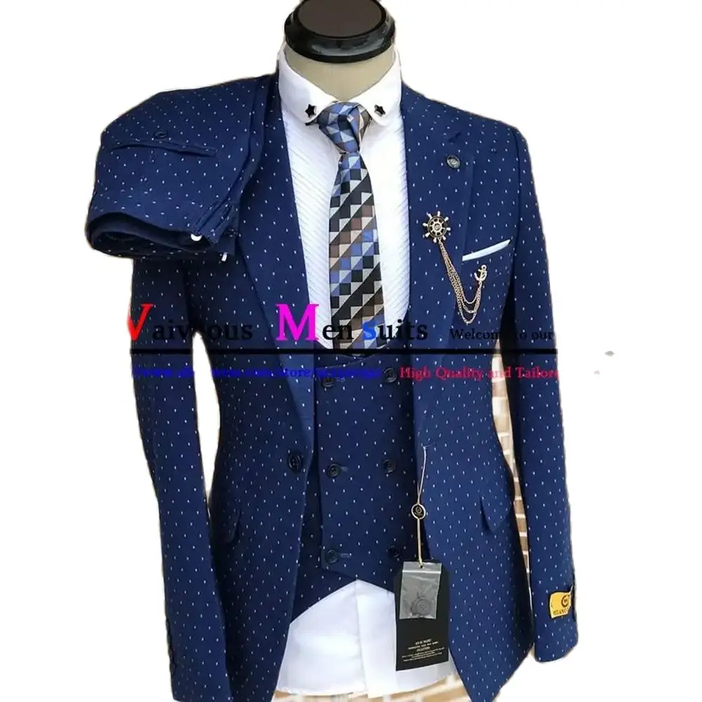 Setelan pakaian Formal untuk pria, tuksedo pernikahan kasual 3 potong, jaket + rompi + celana, Set Blazer modis warna biru dongker untuk pria