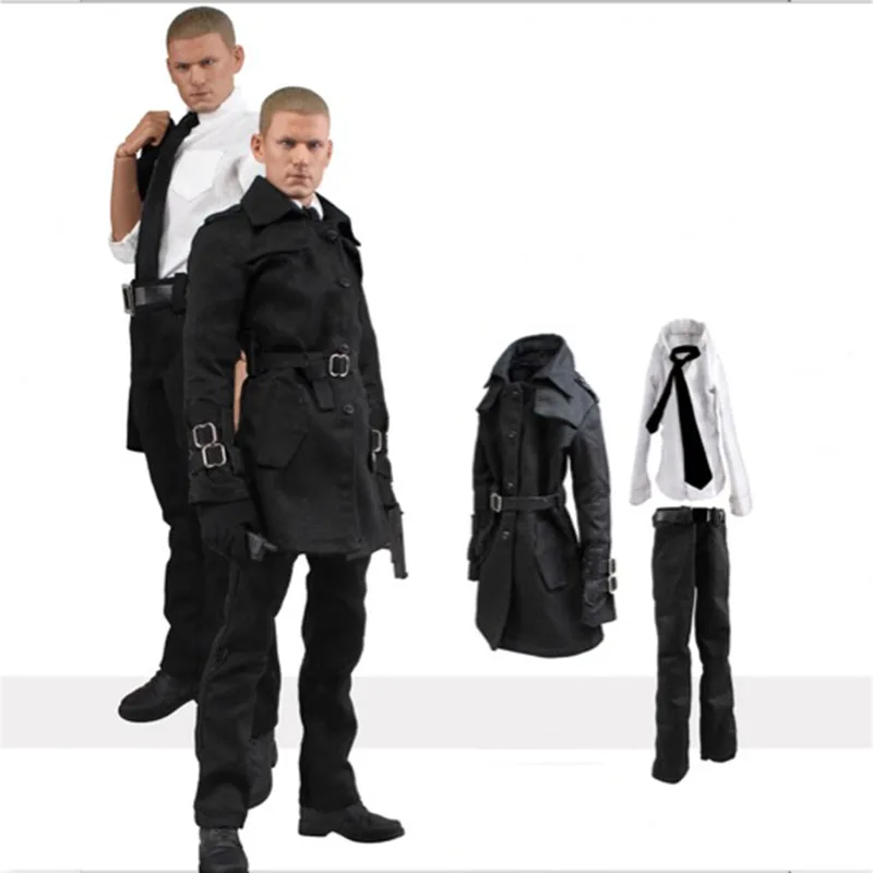 

DOLLSFIGURE CC174 1/6 Prison Break Men's Black Windbreaker Overcoat Set Long Jacket Shirt Pants Suit for 12" Action Figure Doll