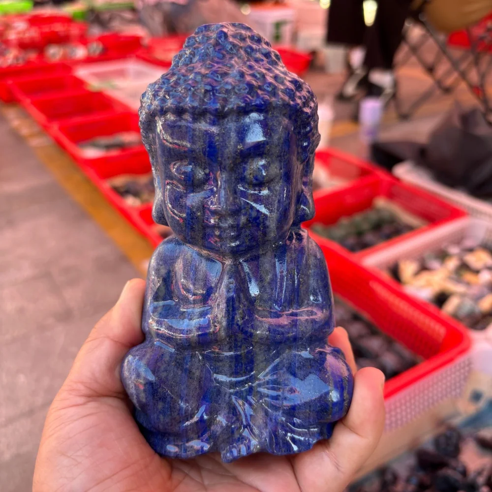 15CM Natural Lapis Lazuli Baby Buddha Crystal Carving Statue Sitting Buddha Figurine Healing Stone Home Decor