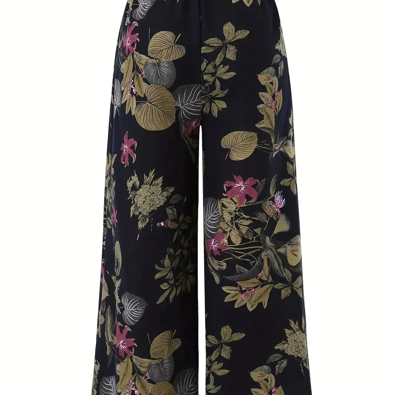 Plus Size Plant Print Spodnie z szerokimi nogawkami Casual Fake Drawstring Elastic Waist Pants Na Wiosnę i Jesień Odzież Damska Plus Size