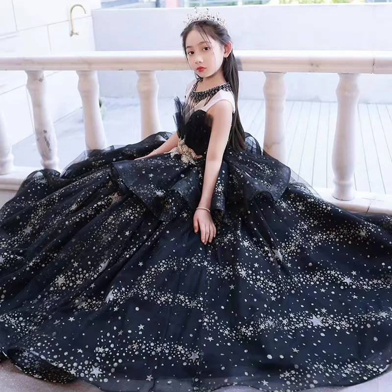 Black Lace Flower Girl Dresses Sequin Applique Children Wedding Party Long Gowns Kids Clothes Princess First Communion Vestidos