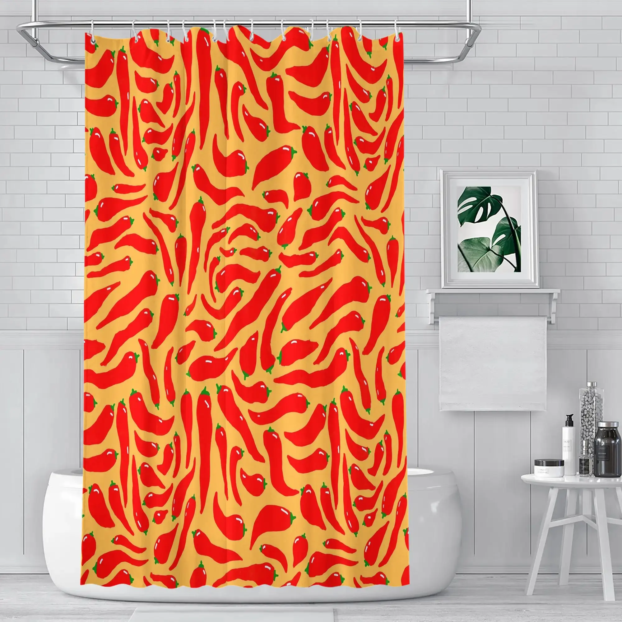 Fun Red Chili Pepper Shower Curtain for Bathroom Decor Tropical Spice Pattern Yellow Background 90x180cm