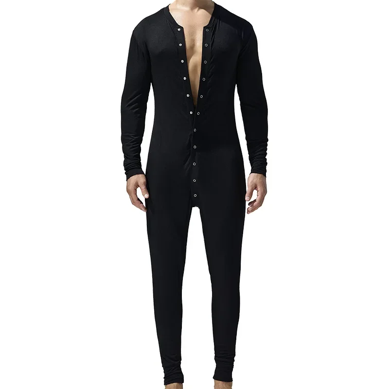 Men\'s Fashionable Pajamas Cotton Breathable Jumpsuit Button Open Home Sleepwear Comfy Sportswear Bodysuit Long Sleeves Nightwear