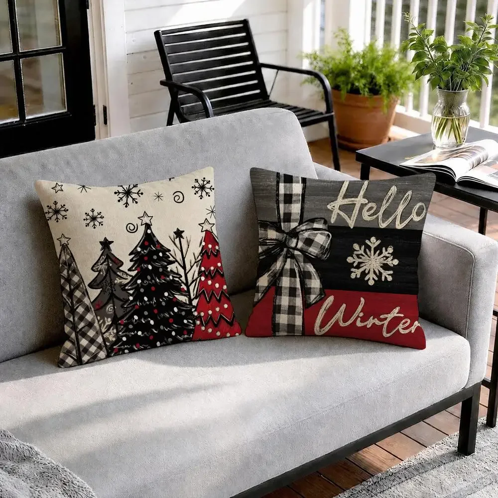 Buffalo Plaid Christmas Illustrations Natural Linen Cushion Cover Double-Sided Print Sofa Pillowcase Home Decor Gift