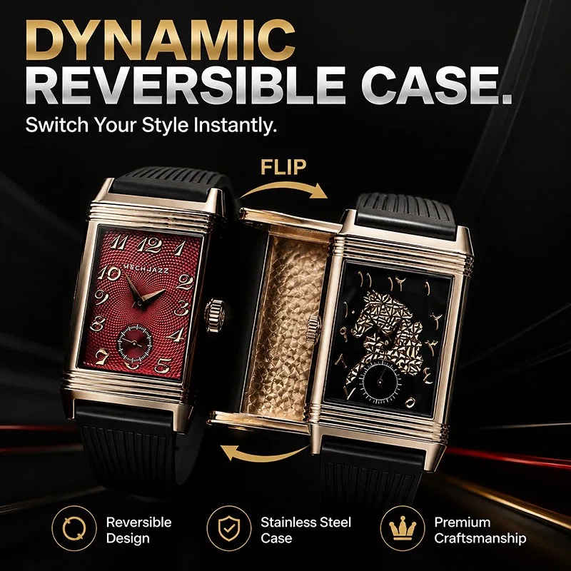 Reversible Case Mechanical Watch, Dual Face Flip Wristwatch, Stainless Steel Case, Rubber Strap, Men's Square Mechanical Watch