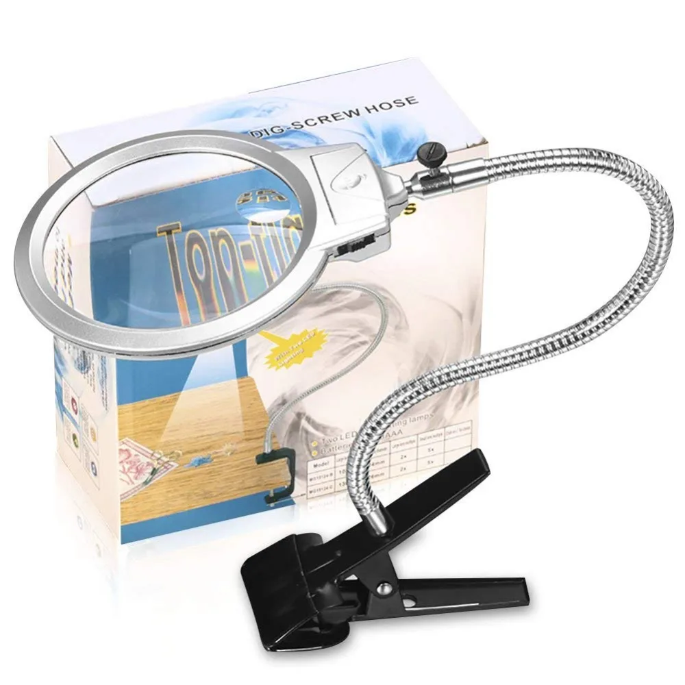 360 Degrees Adjustable Illuminated Folding Magnifying Lamp 2 X 5X Lens For Reading And Close Work Clip On Magnifier Glass