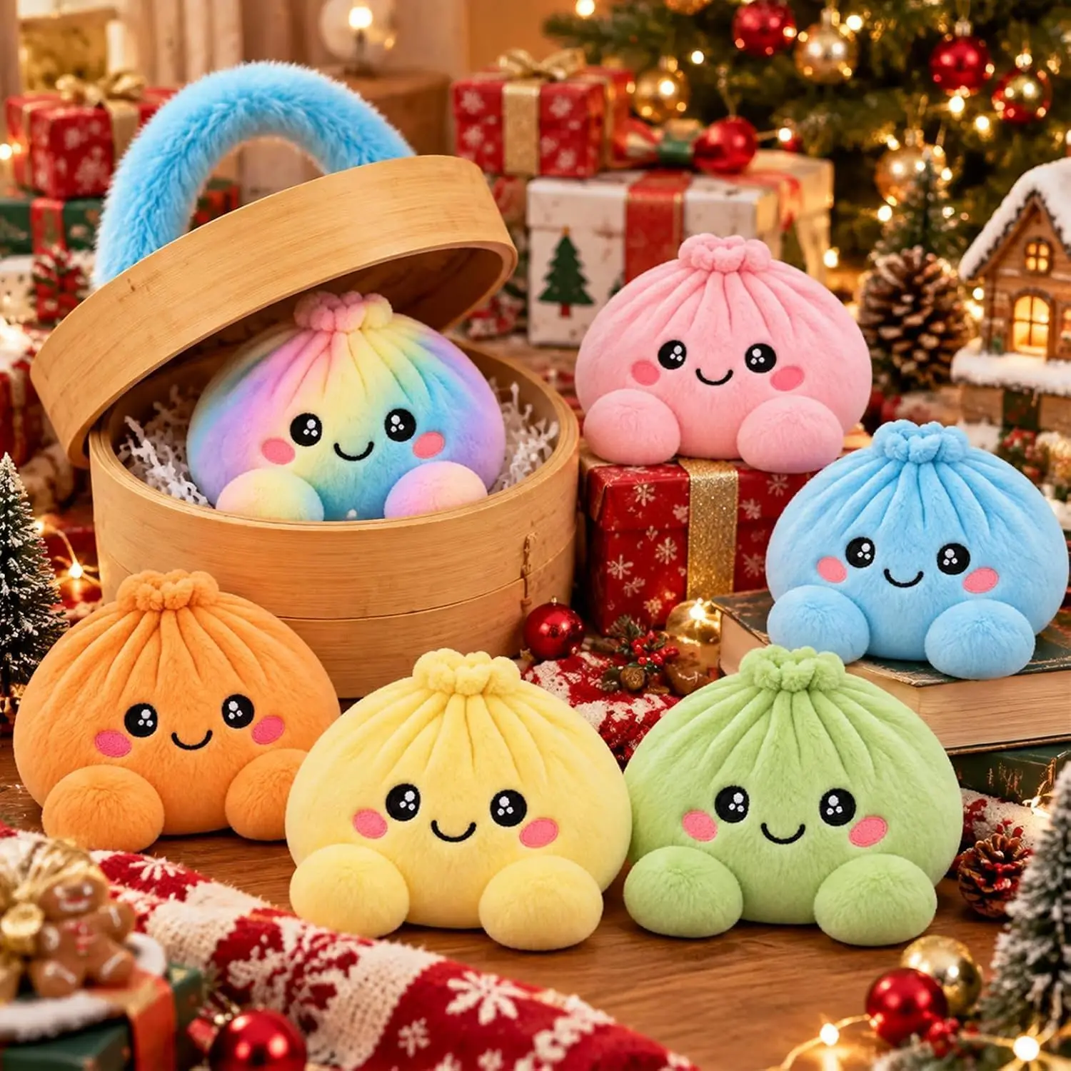 Cute Plush Dumpling Squishy, Soft Stuffed Bao Bun Plushie, Kawaii Smiley Face Stress Relief Fidget, Colorful Steamed Bun Plush