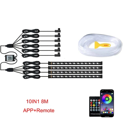 Неоновая RGB LED Лампа Для Автомобиля, 6-в-1, Интерьерная Подсветка, Оптоволоконная, С Управлением Через Приложение